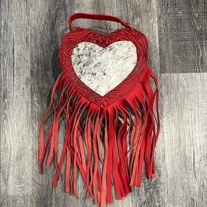 NEW Western handmade leather cowhide fringe Red Heart crossbody Bag